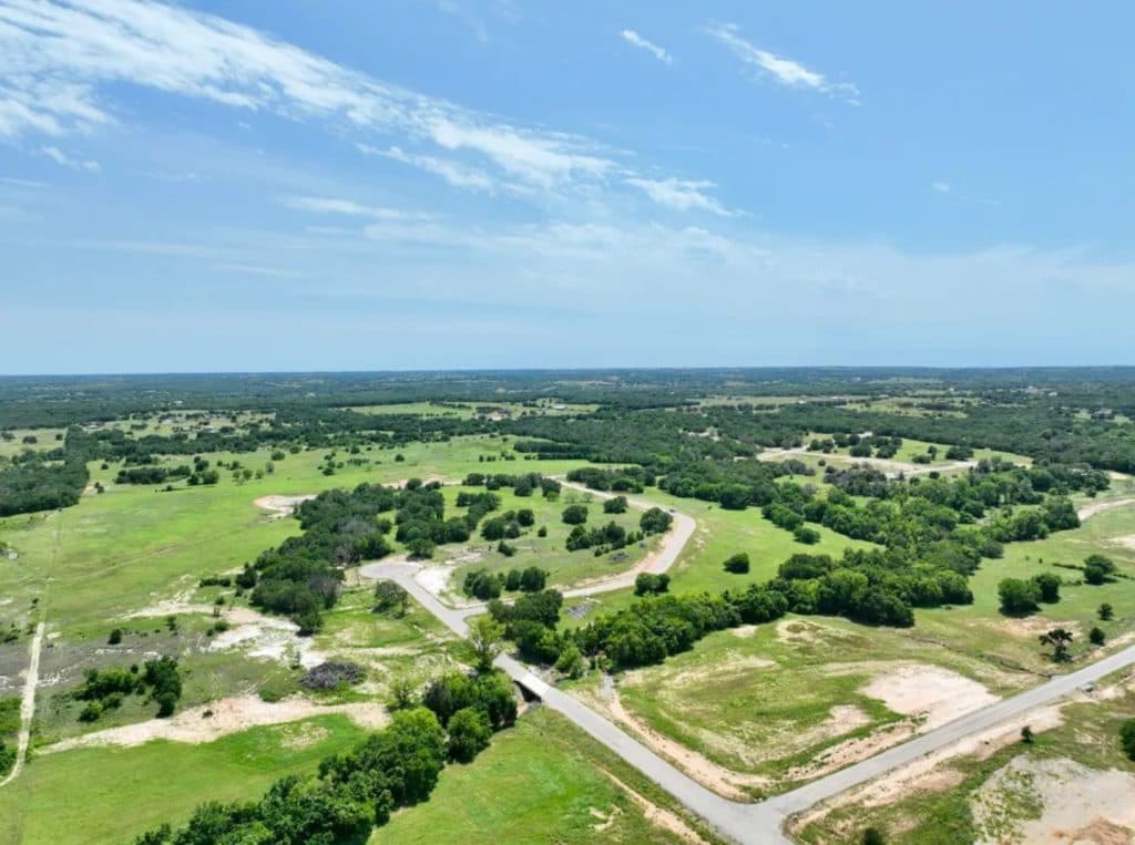 Aerial view of open Parker County land and roads.